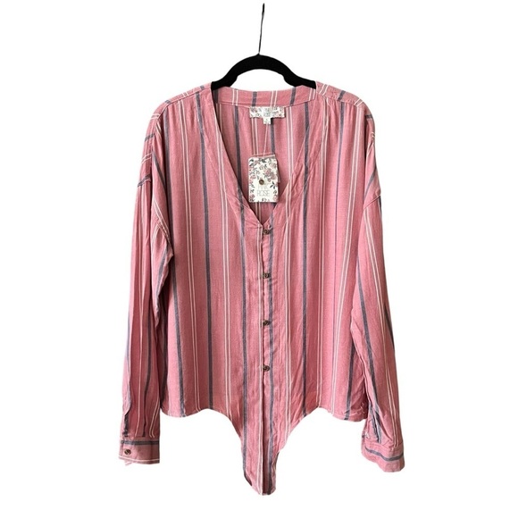 Pink Rose Top Women's Size L Pink Striped Buttons Long Sleeve Tie Front Boho NEW - Picture 1 of 6